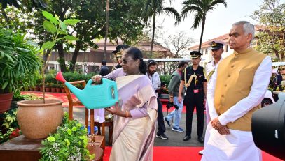 President of India Droupadi Murmu planted the sapling of a peepal tree at Lok Bhavan, Mumbai