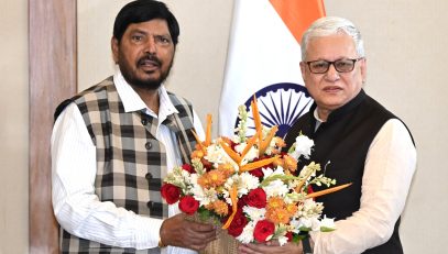 08.04.2026: Union Minister of State for Social Justice and Empowerment Ramdas Athawale accompanied by a delegation of RPI (A) and People's Education Society called on the Governor of Maharashtra Jishnu Dev Varma at Lok Bhavan, Mumbai. Members of People's Education Society Dr Sukhdev Thorat and Dr Wasudev Gade were among those present.
