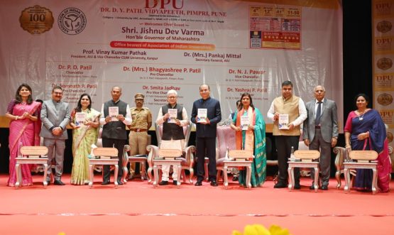28.04.2026 : Governor Jishnu Dev Varma presided over the inauguration of the 100th Annual General Meeting of the Association of Indian Universities (AIU) and the National Conference of Vice-Chancellors at the Dr. D. Y. Patil University campus in Pimpri, Pune. Addressing the vice chancellors and academicians at the AIU Meet, the Governor called for creating an inclusive educational system and emphasizing on innovation and research to build a “Viksit Bharat” by 2047. President of AIU Prof. Dr. Vinay Kumar Pathak, Secretary General Dr. (Mrs.) Pankaj Mittal, Chancellor of Dr. D. Y. Patil University Dr. P. D. Patil, Pro-Chancellor Dr. Bhagyashree Patil, Vice-Chancellor Dr. N. J. Pawar, Secretary to the Governor Dr. Prashant Narnaware, Pro Vice-Chancellor Dr. Somnath Patil, Dr. Smita Jadhav, and other dignitaries were present. The Governor released the commemorative volume titled “Transformation of Education” and the “Indian University Journal.”