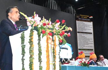 Hon’ble Mr. Justice Sandeep Sharma Judge, High Court of Himachal Pradesh and Chairman of High Court Legal Service Committee, addressing the gathering during the Legal Services Camp.