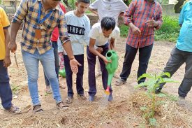 Students watering the gardening raised bed