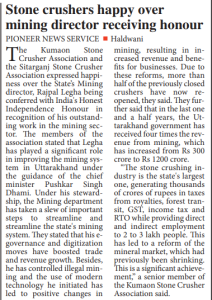 Stone Crusher Happy over Mining Director receiving honour