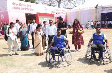 The Secretary of the Department of Empowerment of Persons with Disabilities and other senior officials are inspecting the Game Zone of Purple Fest 2025 at Rashtrapati Bhavan.