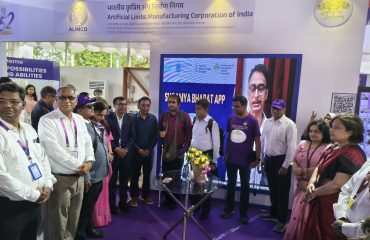 This image is from the launch event of the new version of the Sugamya Bharat App held during the International Purple Fest in Goa. It is a group photograph featuring senior officials from the Department of Empowerment of Persons with Disabilities, along with representatives from SBI Foundation, NAB Delhi, iSTEM, and Mission Accessibility.