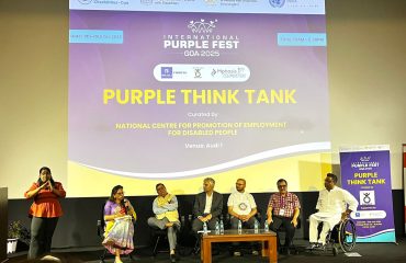 This image is from the session organized by NCPEDP during the Purple Fest Goa 2025 on the theme “Census 2027 and Disability.” In the picture, Smt. Manmeet Kaur Nanda, Additional Secretary, DEPwD, is addressing the audience. Seated on the stage with her are Shri Jayant Kumar Banthia, Former Chief Secretary of Maharashtra; Rajive Raturi, Strategic Advisor, Saksham Trust; Naman Khatwani, Lead Legal and Policy Consultant, PACTA; Arman Ali, Executive Director, NCPEDP; and Adv. Abhishek Kumar, Founder, The Sangyan.