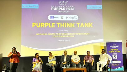 This image is from the session organized by NCPEDP during the Purple Fest Goa 2025 on the theme “Census 2027 and Disability.” In the picture, Smt. Manmeet Kaur Nanda, Additional Secretary, DEPwD, is addressing the audience. Seated on the stage with her are Shri Jayant Kumar Banthia, Former Chief Secretary of Maharashtra; Rajive Raturi, Strategic Advisor, Saksham Trust; Naman Khatwani, Lead Legal and Policy Consultant, PACTA; Arman Ali, Executive Director, NCPEDP; and Adv. Abhishek Kumar, Founder, The Sangyan.
