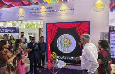 This image is from the launch event of the new version of the Sugamya Bharat App held during the International Purple Fest in Goa. In the picture, Shri Rajesh Aggarwal, Secretary, Department of Empowerment of Persons with Disabilities, is seen launching the new version of the app. Senior officials from the Department, along with representatives from SBI Foundation, NAB Delhi, iSTEM, and Mission Accessibility, are also present in the photograph.