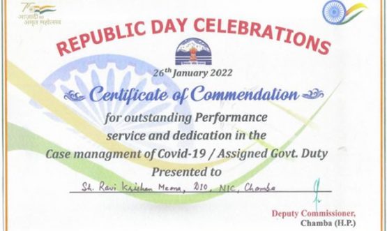 Certificate of Commendation to DIO, Chamba, Himachal Pradesh on Republic Day, 2022