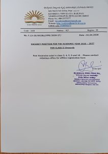 Vacancy position for the AcadeMic year 2026-2027 for class II onwards