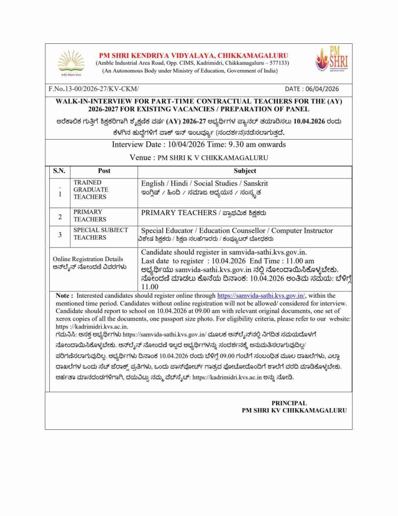 walk in interview for part time contractural teachers adverstiment