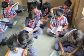 students in library