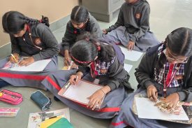 children studying in library