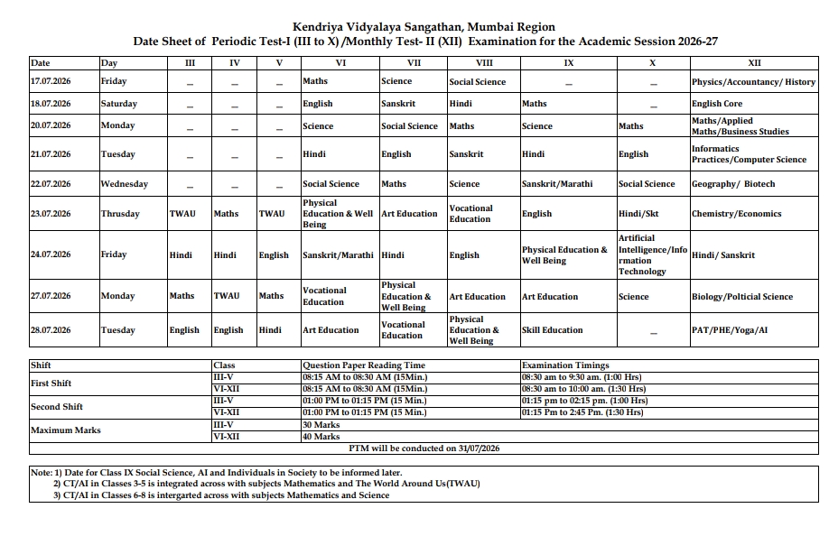 Exam Date Sheet PT-MT 2026-27