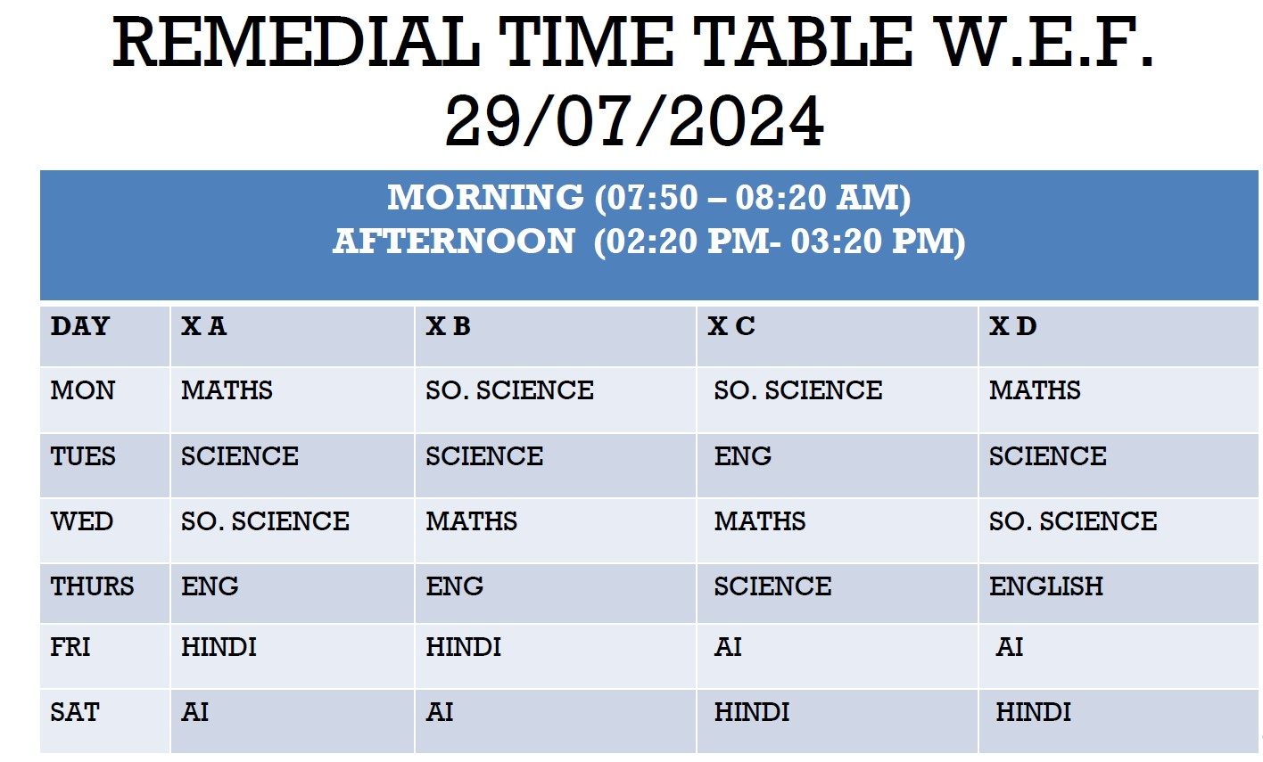 Remedial Time Table