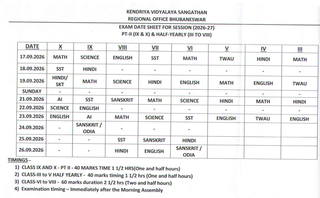 Half Yearly Exam Time Table 2026-27